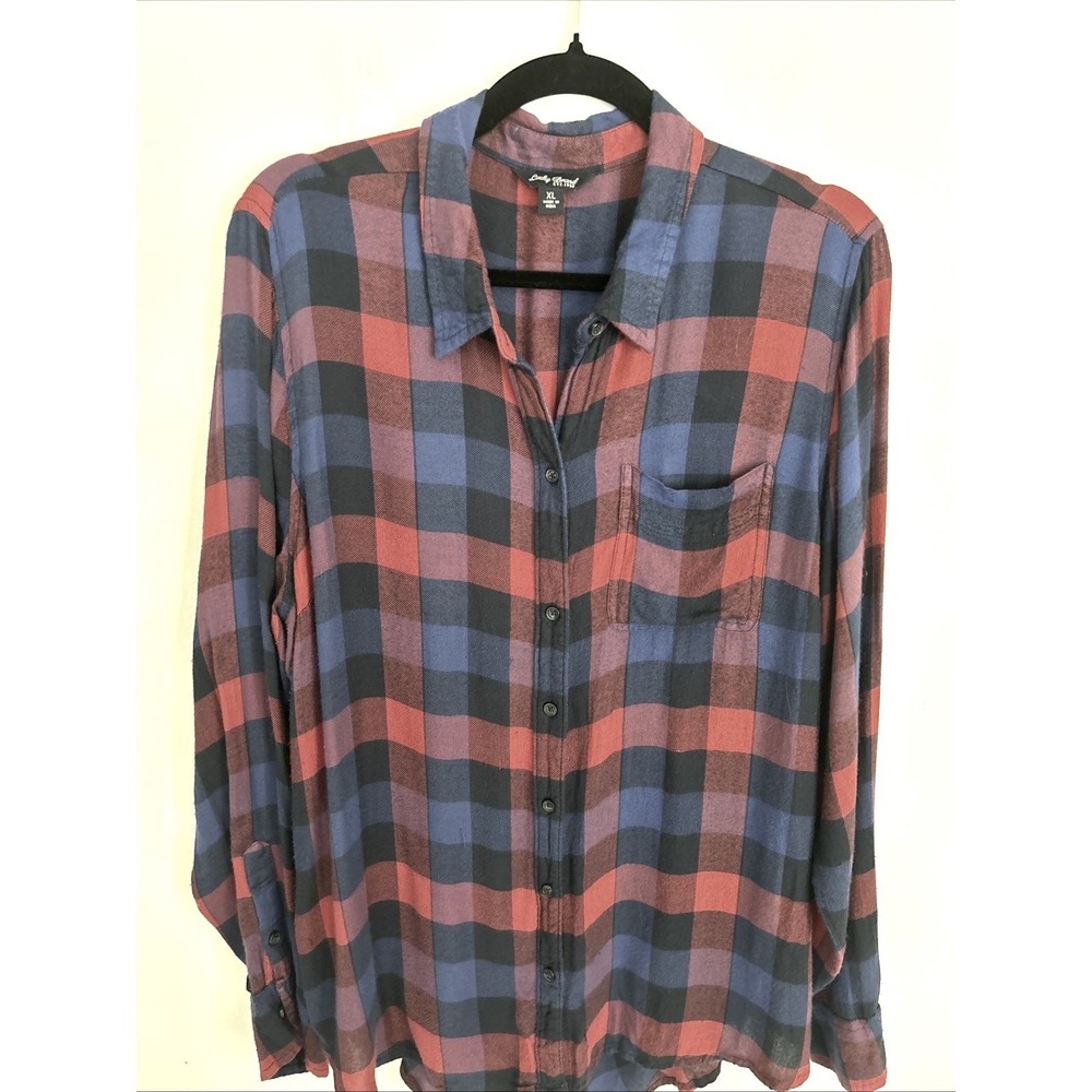 Lucky Brand Red Plaid Flannel Button Down Long Sleeve Shirt Women's Size XL